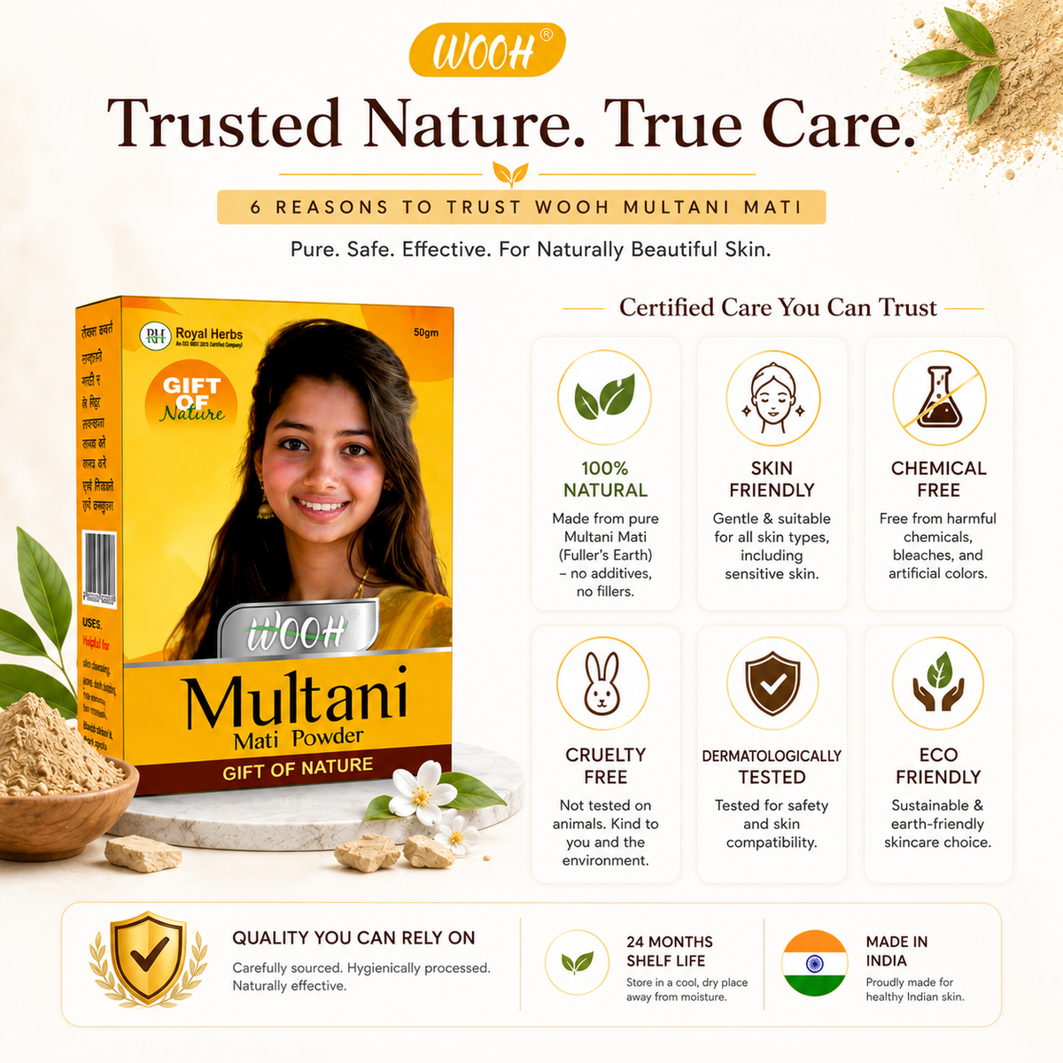 Wooh Multani Mati | Gift of Nature | Natural Fuller's Earth Powder | For Face & Skin Care | 50g & 100g