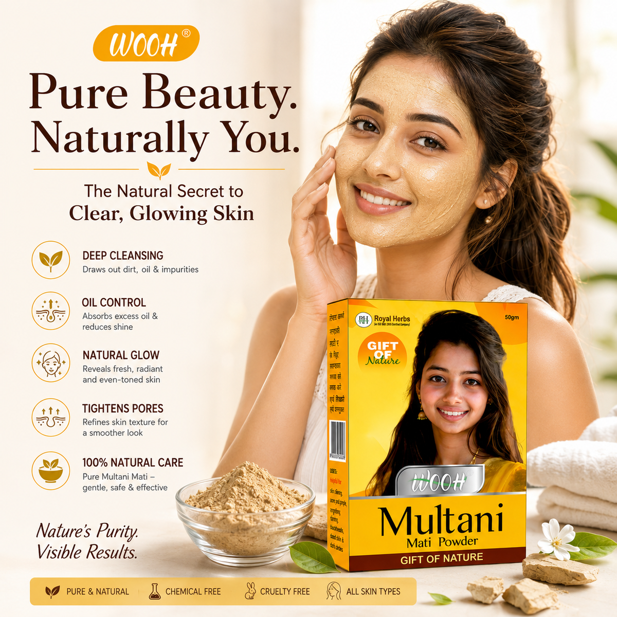 Wooh Multani Mati | Gift of Nature | Natural Fuller's Earth Powder | For Face & Skin Care | 50g & 100g