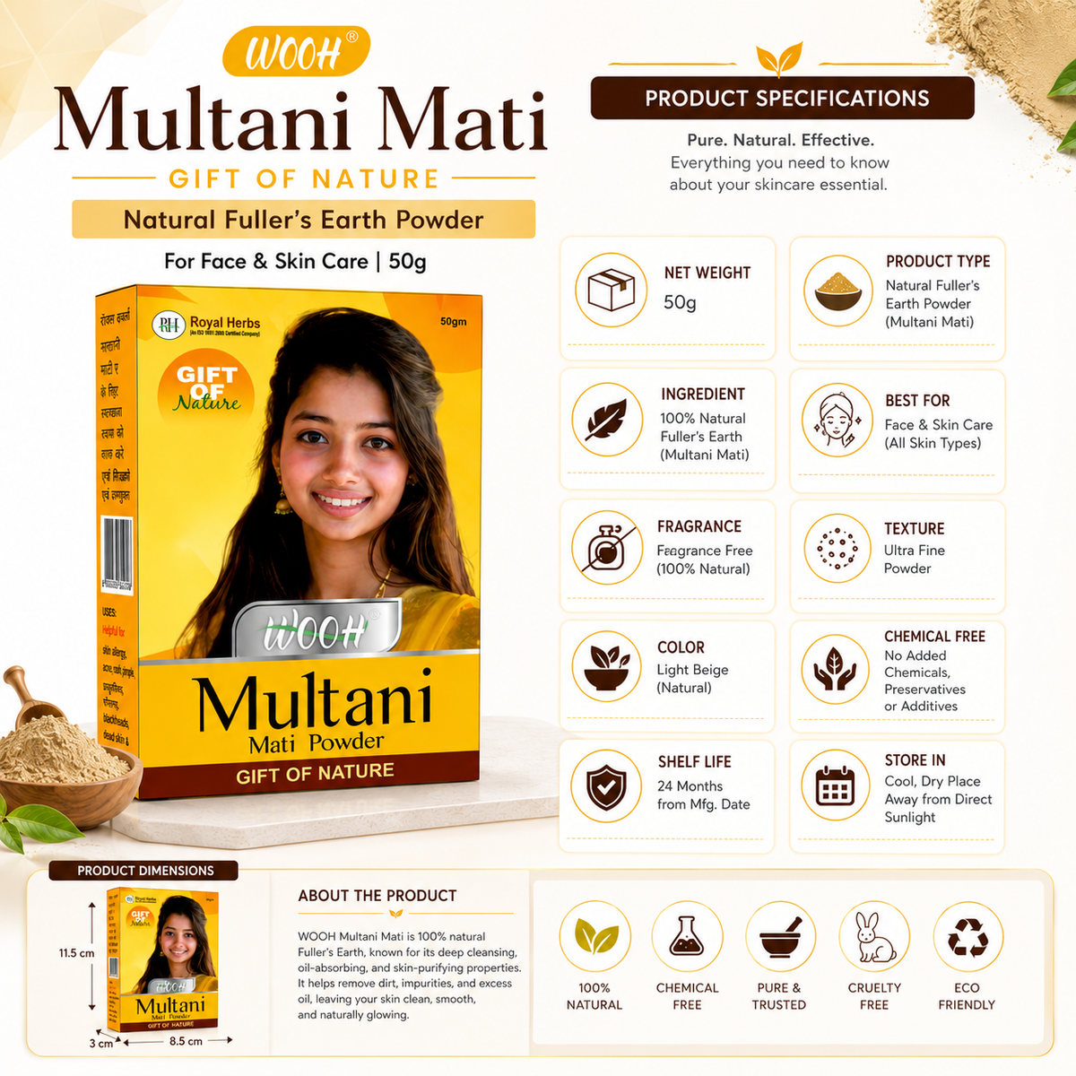 Wooh Multani Mati | Gift of Nature | Natural Fuller's Earth Powder | For Face & Skin Care | 50g & 100g
