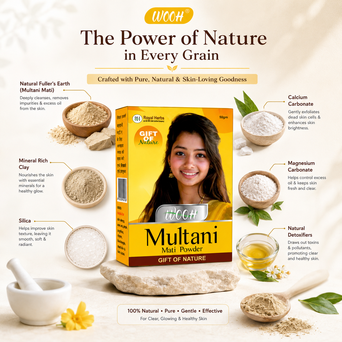 Wooh Multani Mati | Gift of Nature | Natural Fuller's Earth Powder | For Face & Skin Care | 50g & 100g