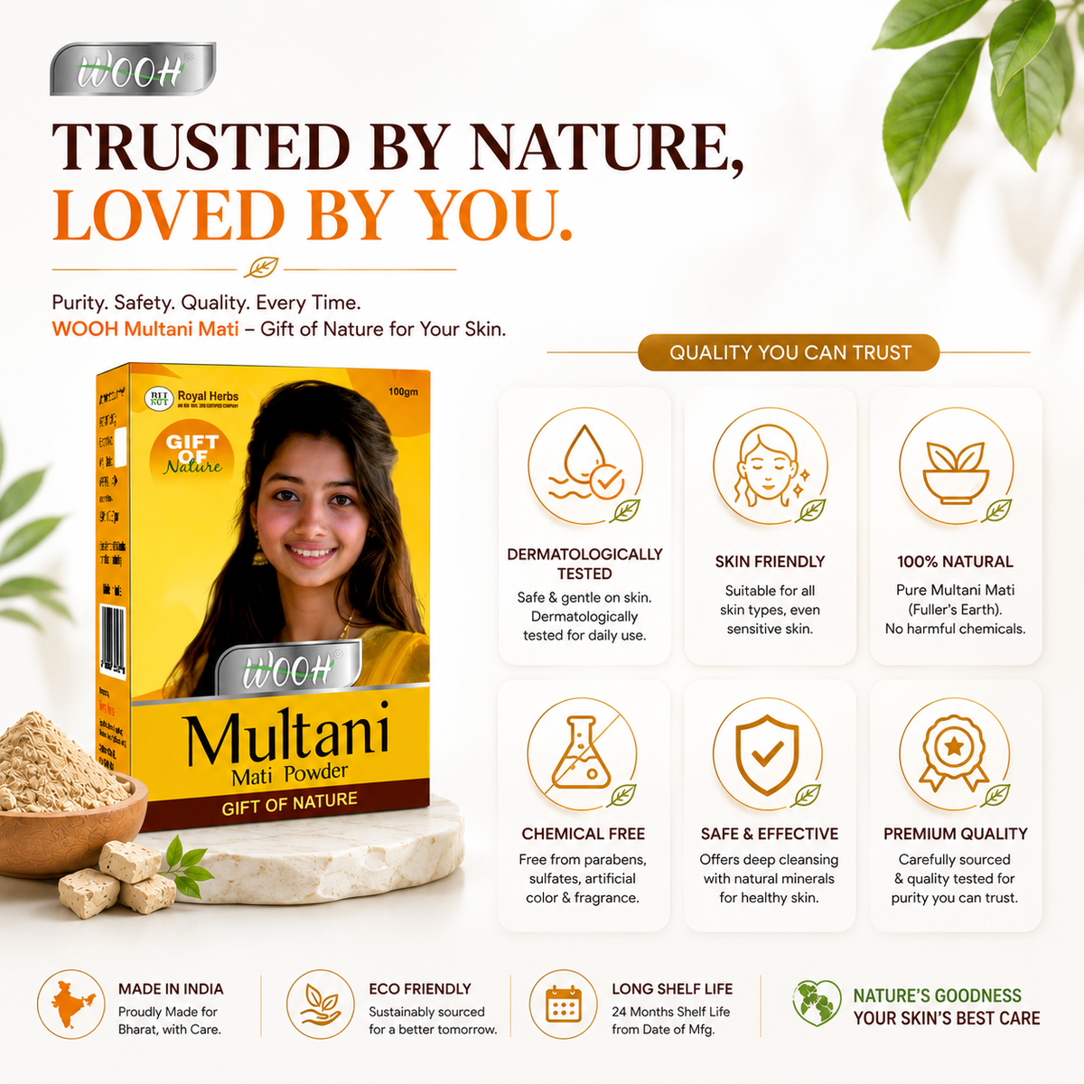 Wooh Multani Mati | Gift of Nature | Natural Fuller's Earth Powder | For Face & Skin Care | 50g & 100g