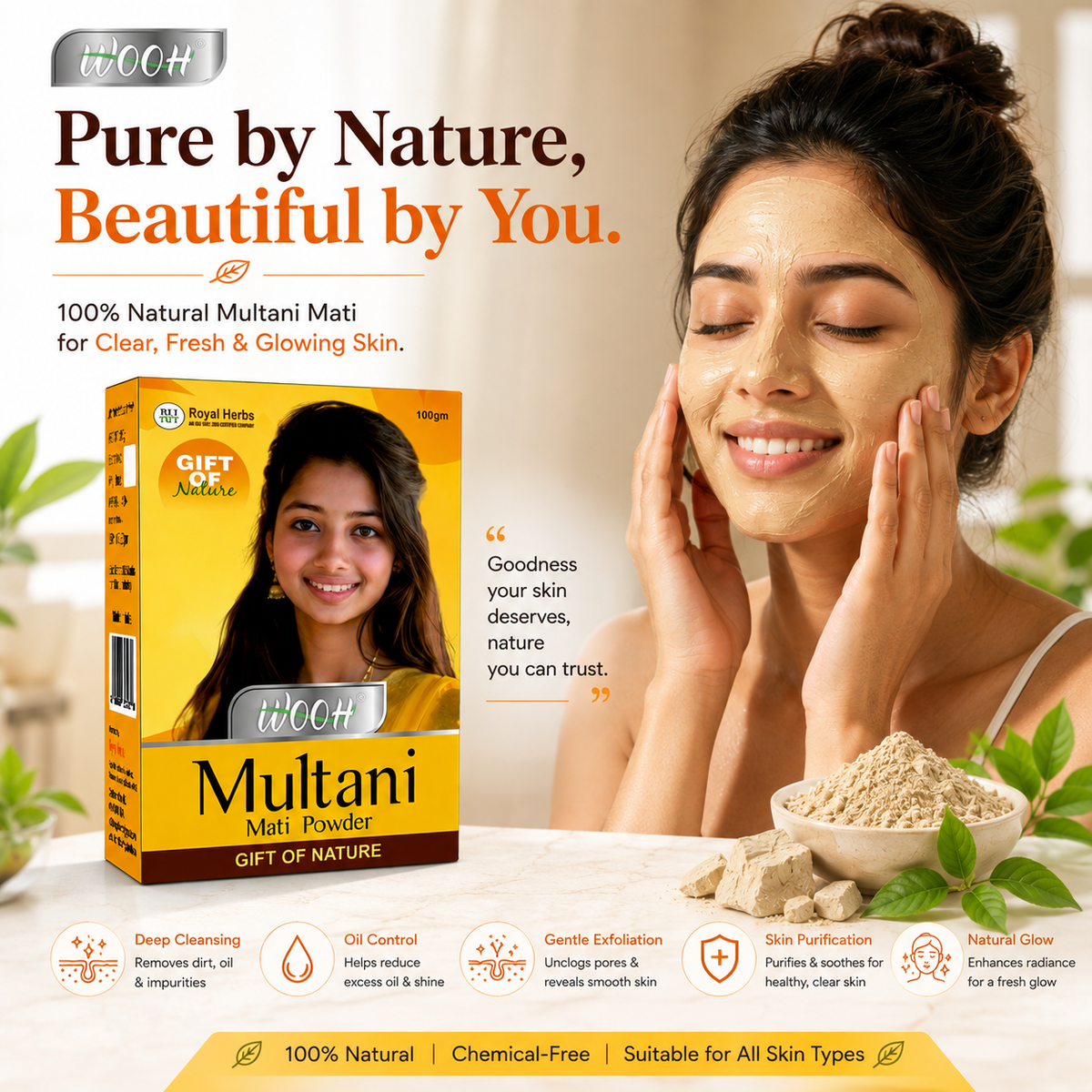 Wooh Multani Mati | Gift of Nature | Natural Fuller's Earth Powder | For Face & Skin Care | 50g & 100g