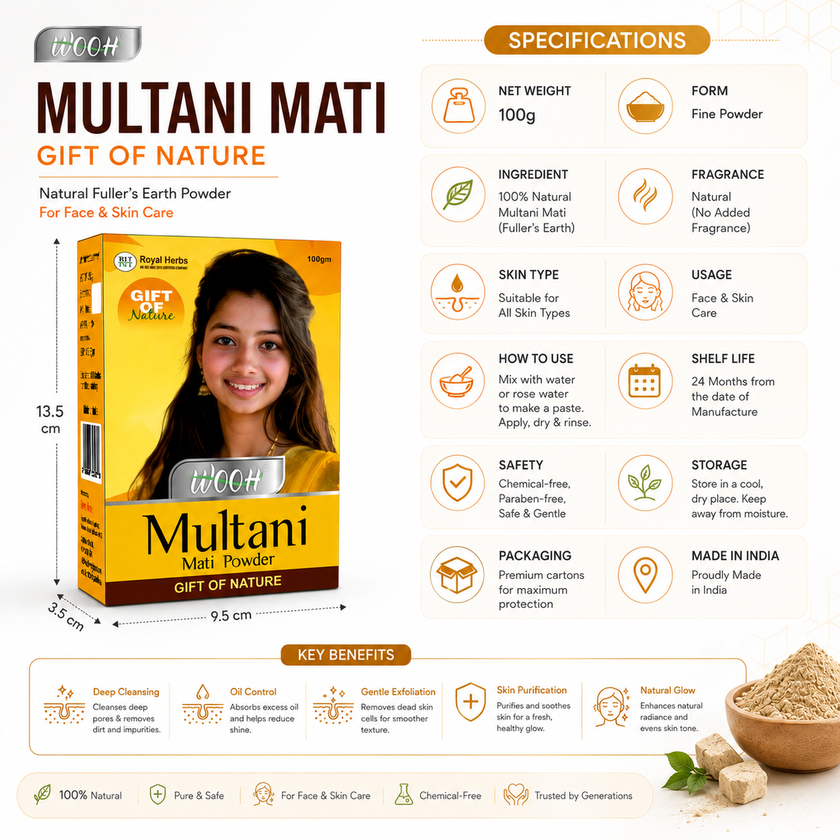 Wooh Multani Mati | Gift of Nature | Natural Fuller's Earth Powder | For Face & Skin Care | 50g & 100g