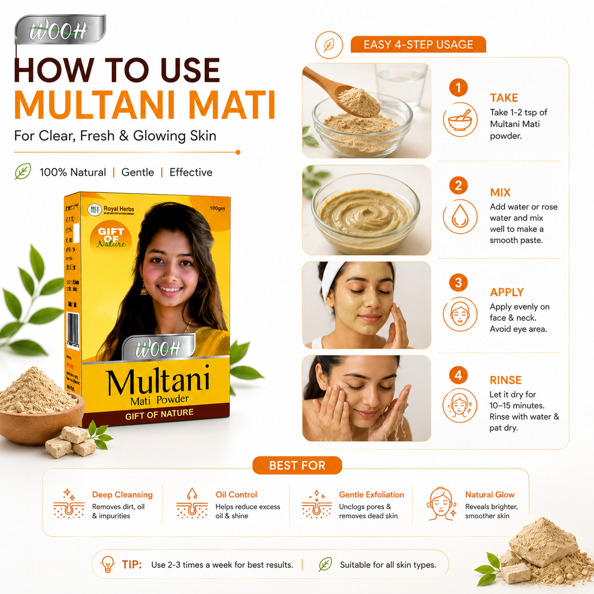 Wooh Multani Mati | Gift of Nature | Natural Fuller's Earth Powder | For Face & Skin Care | 50g & 100g