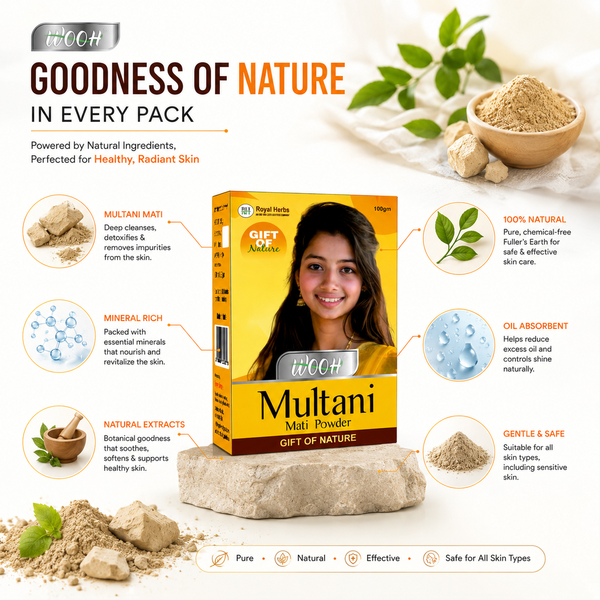 Wooh Multani Mati | Gift of Nature | Natural Fuller's Earth Powder | For Face & Skin Care | 50g & 100g