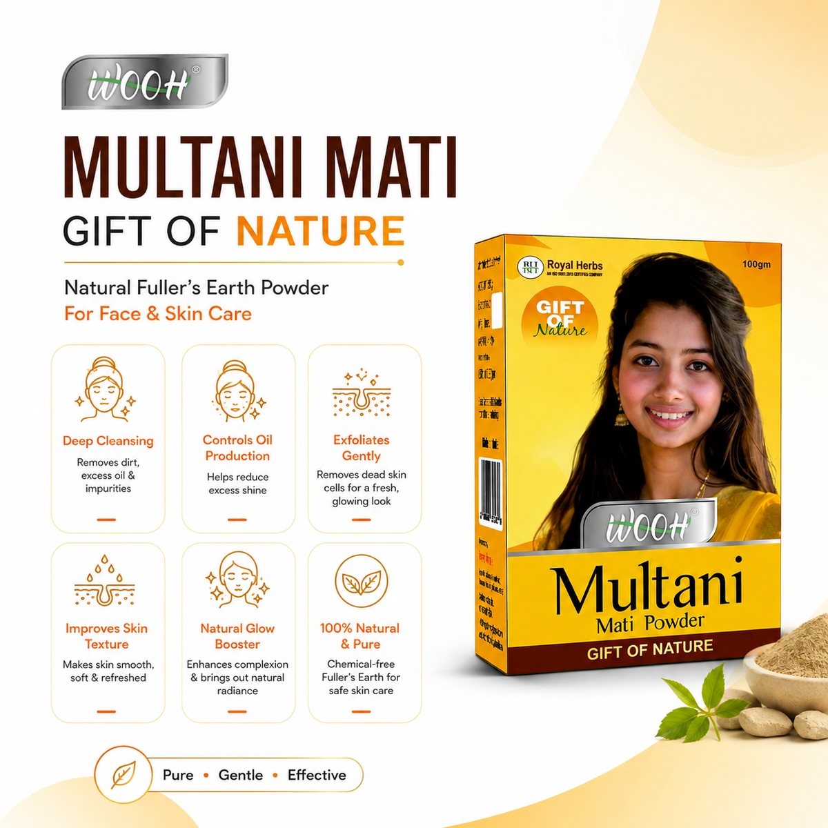 Wooh Multani Mati | Gift of Nature | Natural Fuller's Earth Powder | For Face & Skin Care | 50g & 100g
