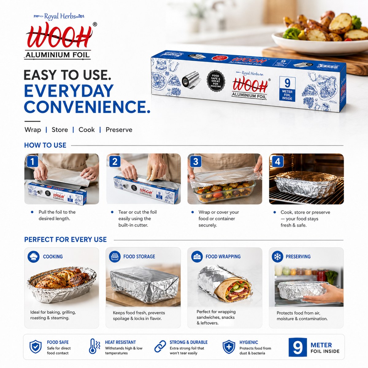 Wooh Aluminium Foil | Food Wrapping & Storage Foil | Freshness & Protection | Kitchen Essential | Easy to Use