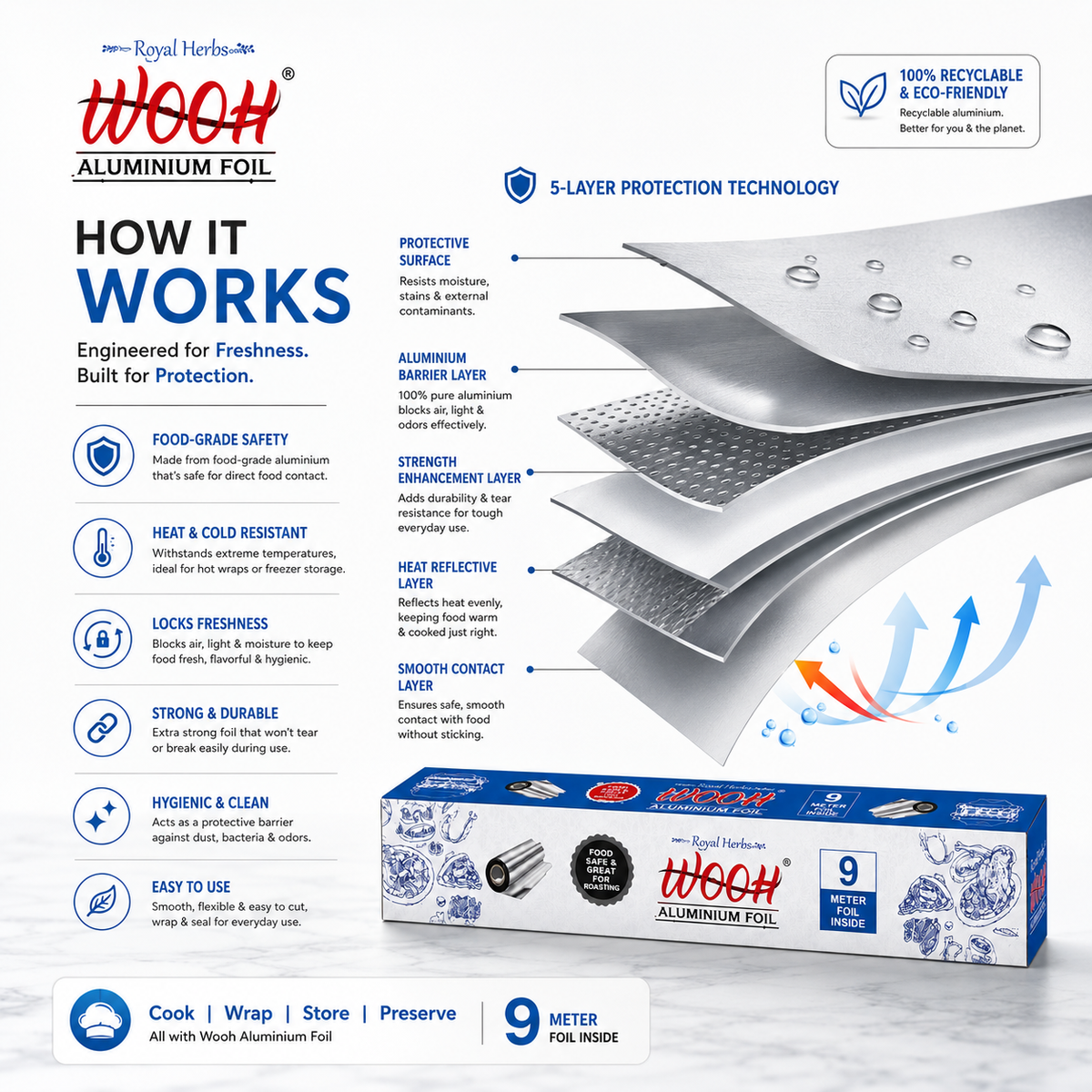 Wooh Aluminium Foil | Food Wrapping & Storage Foil | Freshness & Protection | Kitchen Essential | Easy to Use