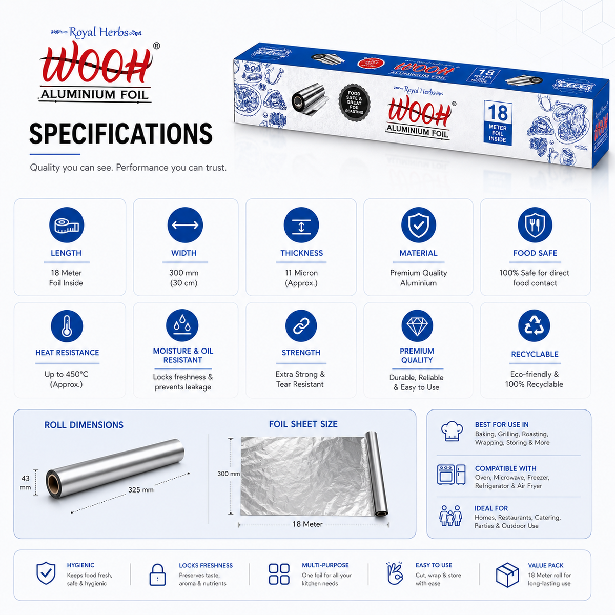 Wooh Aluminium Foil | Food Wrapping & Storage Foil | Freshness & Protection | Kitchen Essential | Easy to Use