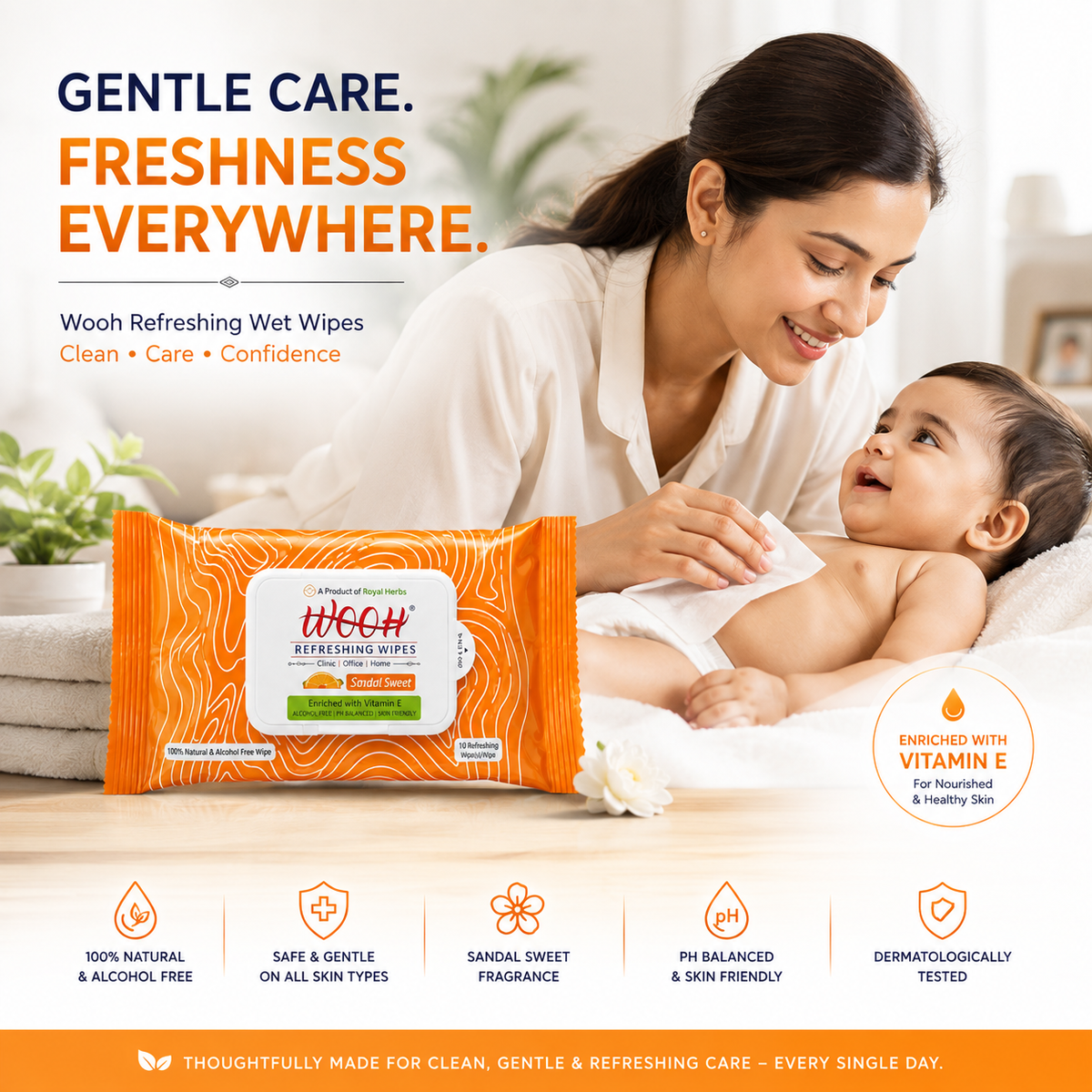 Wooh Refreshing Wet Wipes | Vitamin E Enriched | Moisturizing for All Skin Types | Cologne Exotic, Sandal Sweet & Lemony Juicy | 10 & 30 Wipes