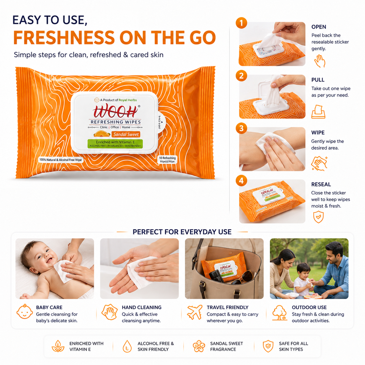 Wooh Refreshing Wet Wipes | Vitamin E Enriched | Moisturizing for All Skin Types | Cologne Exotic, Sandal Sweet & Lemony Juicy | 10 & 30 Wipes