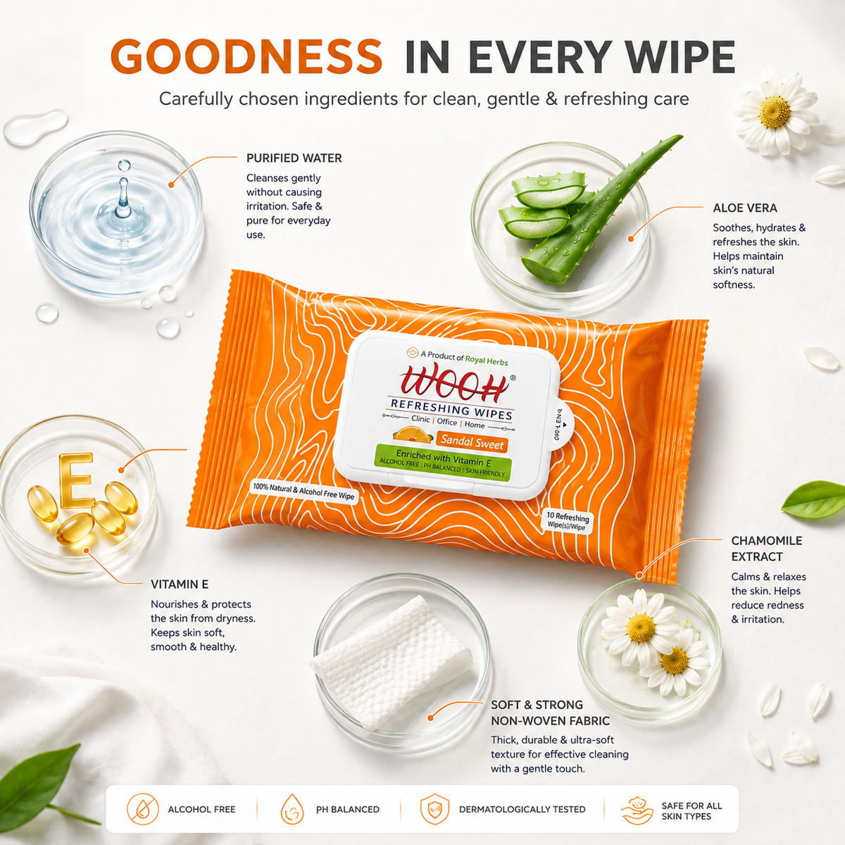 Wooh Refreshing Wet Wipes | Vitamin E Enriched | Moisturizing for All Skin Types | Cologne Exotic, Sandal Sweet & Lemony Juicy | 10 & 30 Wipes
