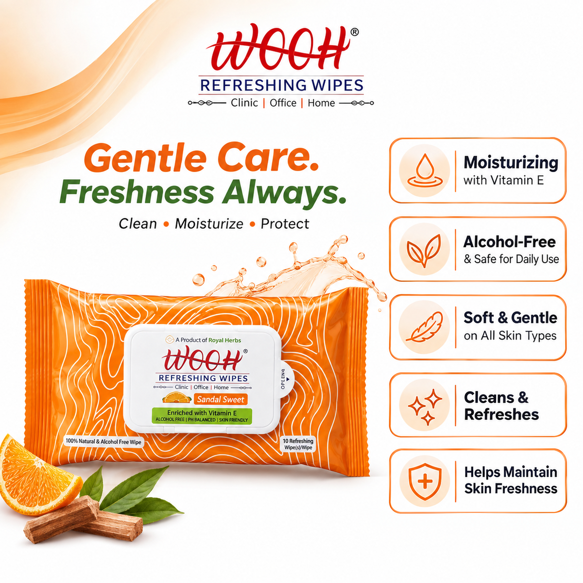 Wooh Refreshing Wet Wipes | Vitamin E Enriched | Moisturizing for All Skin Types | Cologne Exotic, Sandal Sweet & Lemony Juicy | 10 & 30 Wipes