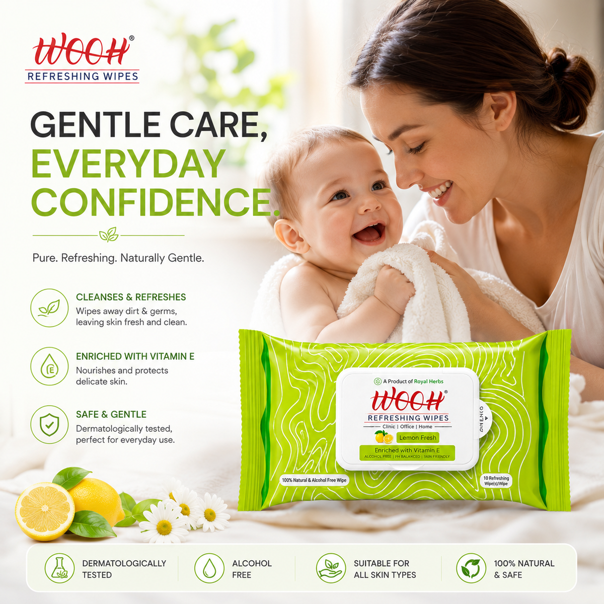 Wooh Refreshing Wet Wipes | Vitamin E Enriched | Moisturizing for All Skin Types | Cologne Exotic, Sandal Sweet & Lemony Juicy | 10 & 30 Wipes
