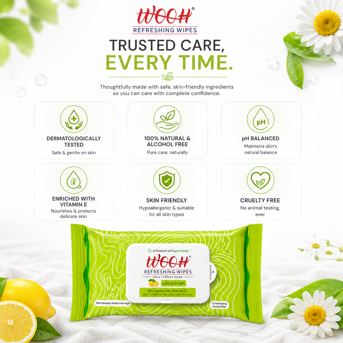 Wooh Refreshing Wet Wipes | Vitamin E Enriched | Moisturizing for All Skin Types | Cologne Exotic, Sandal Sweet & Lemony Juicy | 10 & 30 Wipes