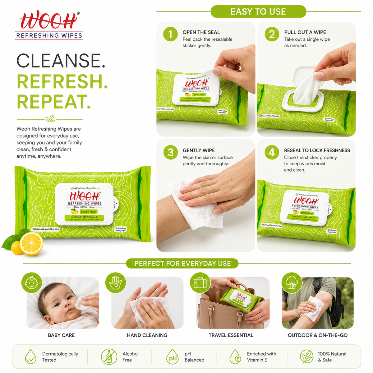 Wooh Refreshing Wet Wipes | Vitamin E Enriched | Moisturizing for All Skin Types | Cologne Exotic, Sandal Sweet & Lemony Juicy | 10 & 30 Wipes