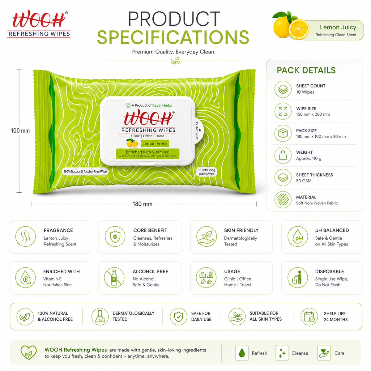 Wooh Refreshing Wet Wipes | Vitamin E Enriched | Moisturizing for All Skin Types | Cologne Exotic, Sandal Sweet & Lemony Juicy | 10 & 30 Wipes