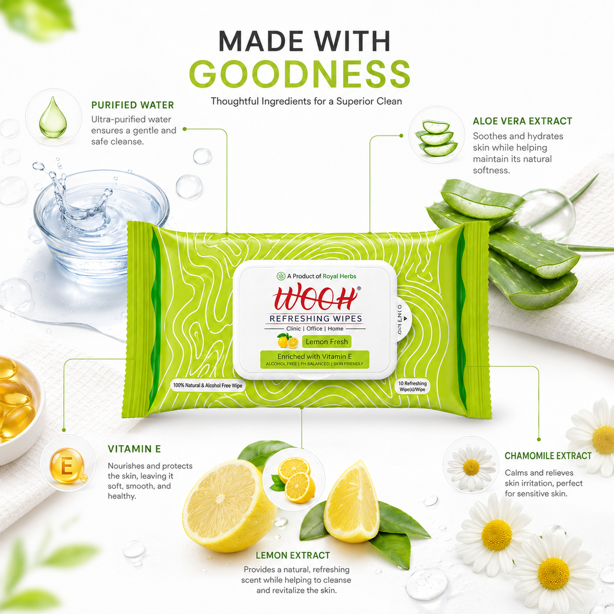 Wooh Refreshing Wet Wipes | Vitamin E Enriched | Moisturizing for All Skin Types | Cologne Exotic, Sandal Sweet & Lemony Juicy | 10 & 30 Wipes