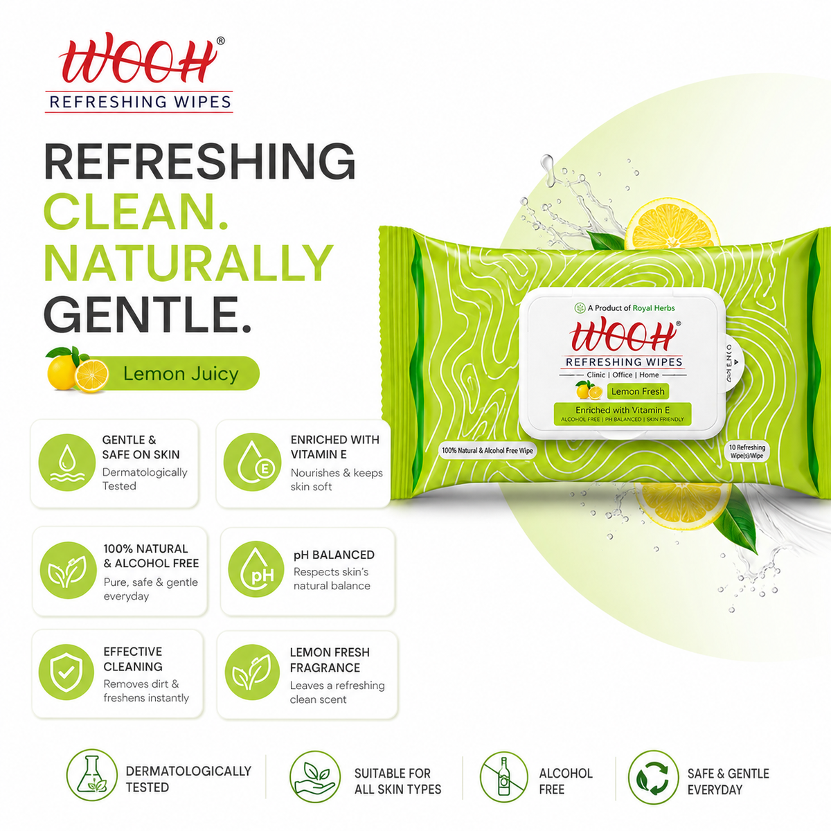 Wooh Refreshing Wet Wipes | Vitamin E Enriched | Moisturizing for All Skin Types | Cologne Exotic, Sandal Sweet & Lemony Juicy | 10 & 30 Wipes