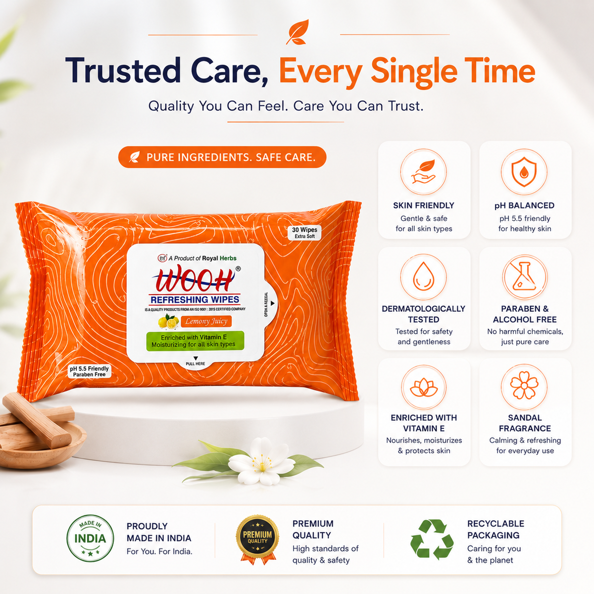 Wooh Refreshing Wet Wipes | Vitamin E Enriched | Moisturizing for All Skin Types | Cologne Exotic, Sandal Sweet & Lemony Juicy | 10 & 30 Wipes