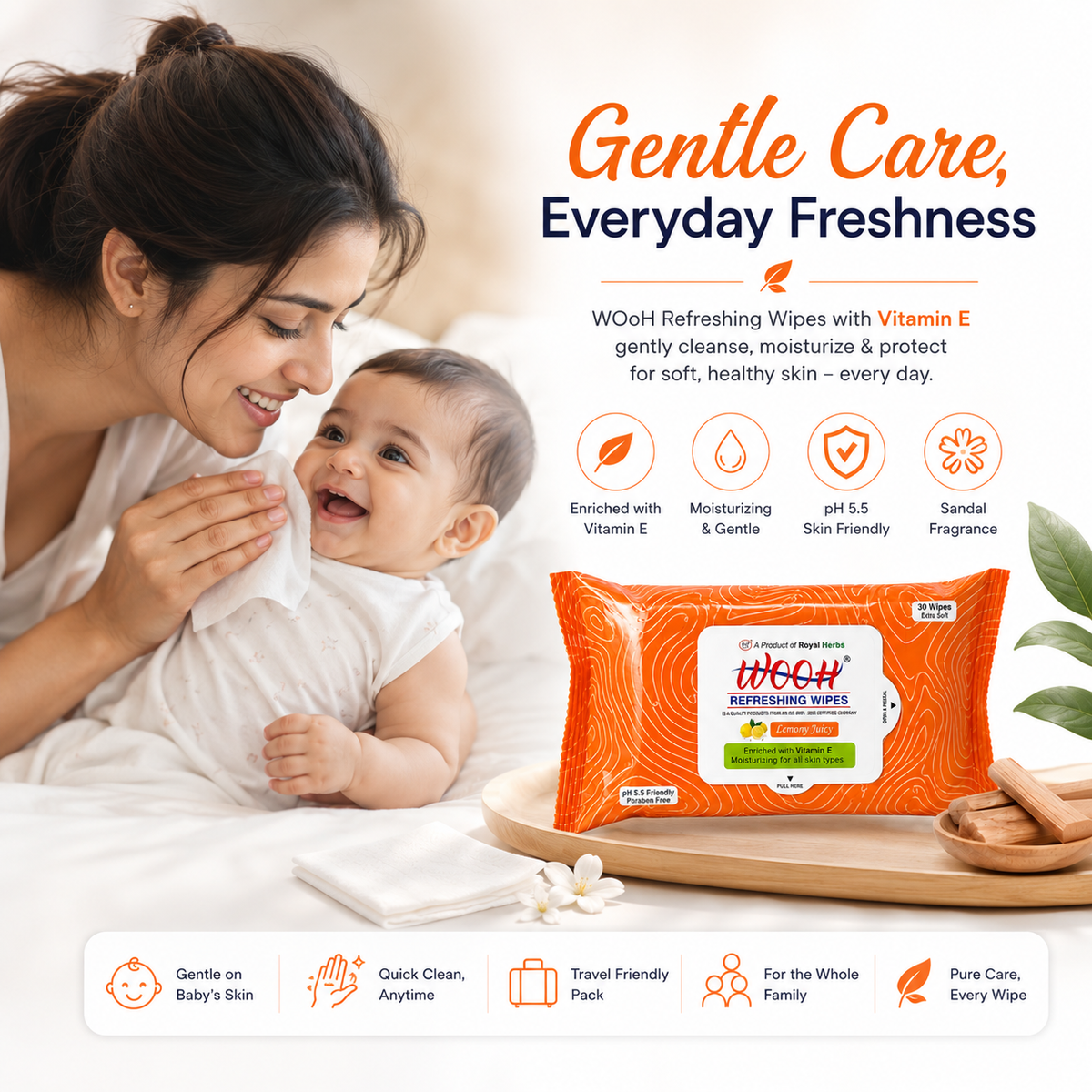 Wooh Refreshing Wet Wipes | Vitamin E Enriched | Moisturizing for All Skin Types | Cologne Exotic, Sandal Sweet & Lemony Juicy | 10 & 30 Wipes
