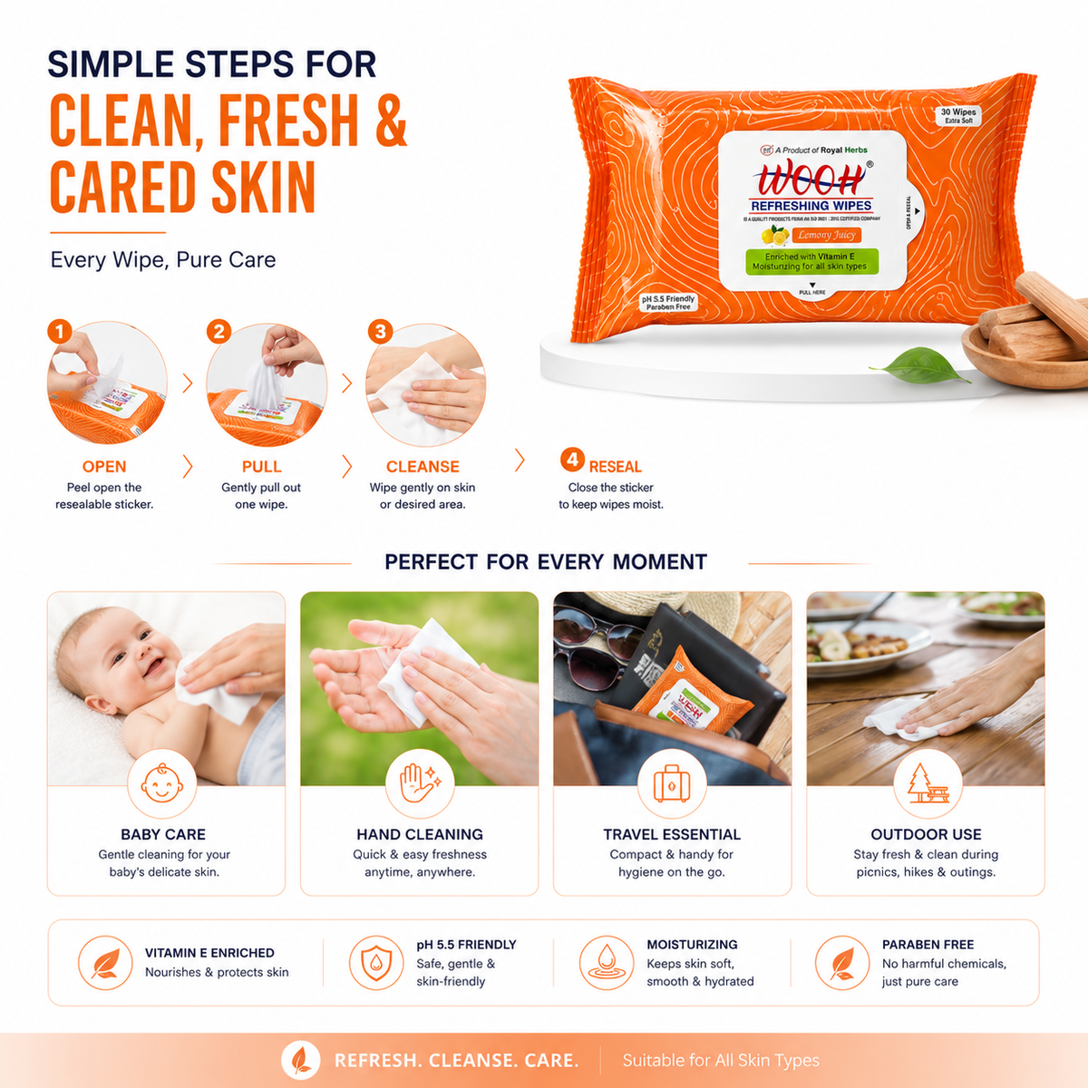 Wooh Refreshing Wet Wipes | Vitamin E Enriched | Moisturizing for All Skin Types | Cologne Exotic, Sandal Sweet & Lemony Juicy | 10 & 30 Wipes
