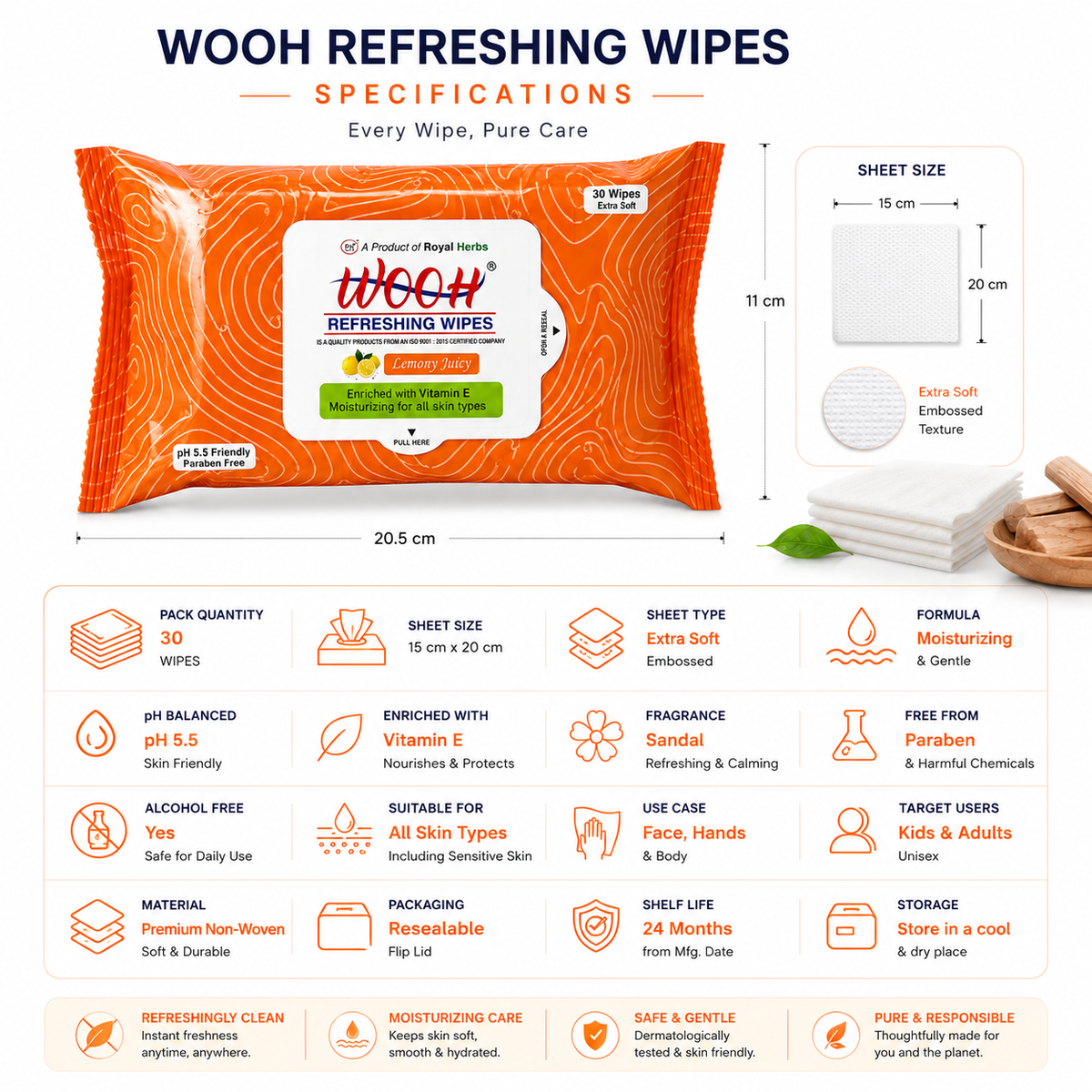 Wooh Refreshing Wet Wipes | Vitamin E Enriched | Moisturizing for All Skin Types | Cologne Exotic, Sandal Sweet & Lemony Juicy | 10 & 30 Wipes