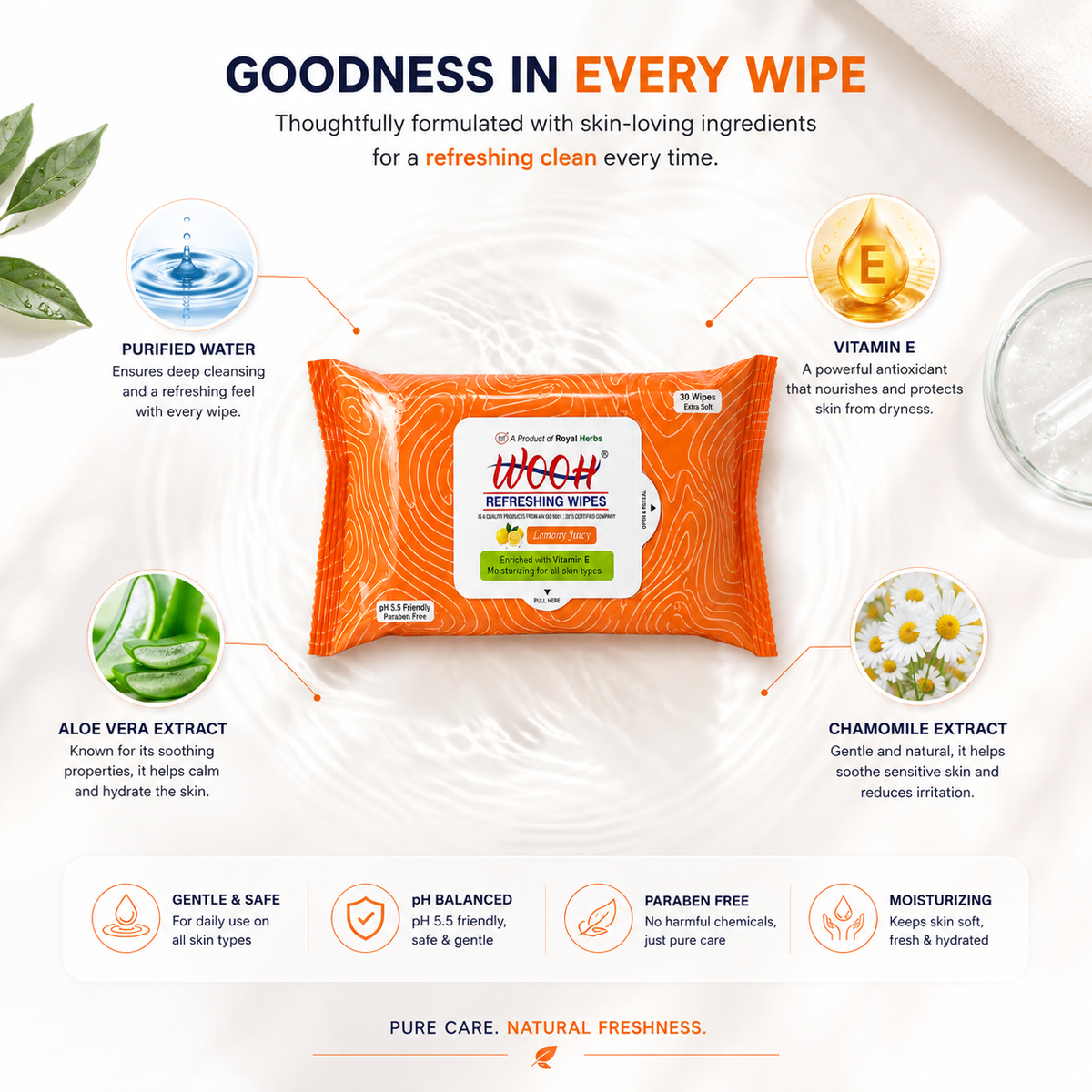 Wooh Refreshing Wet Wipes | Vitamin E Enriched | Moisturizing for All Skin Types | Cologne Exotic, Sandal Sweet & Lemony Juicy | 10 & 30 Wipes