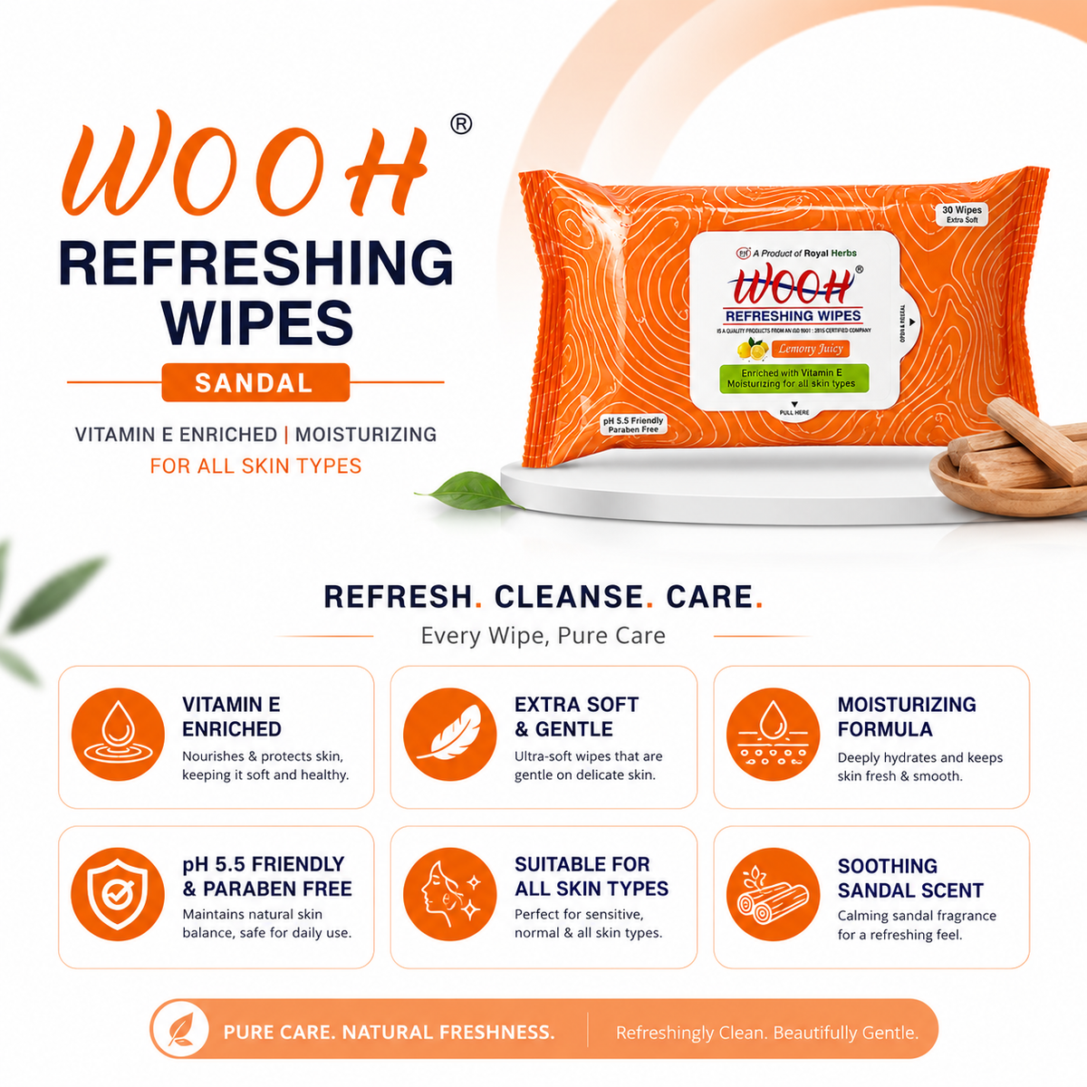 Wooh Refreshing Wet Wipes | Vitamin E Enriched | Moisturizing for All Skin Types | Cologne Exotic, Sandal Sweet & Lemony Juicy | 10 & 30 Wipes
