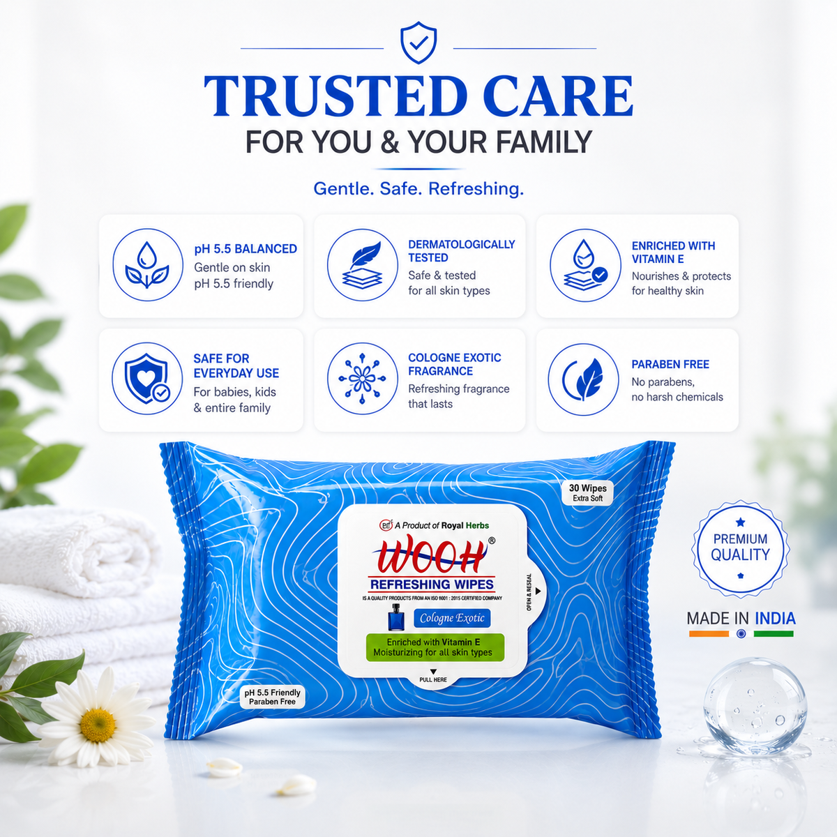Wooh Refreshing Wet Wipes | Vitamin E Enriched | Moisturizing for All Skin Types | Cologne Exotic, Sandal Sweet & Lemony Juicy | 10 & 30 Wipes