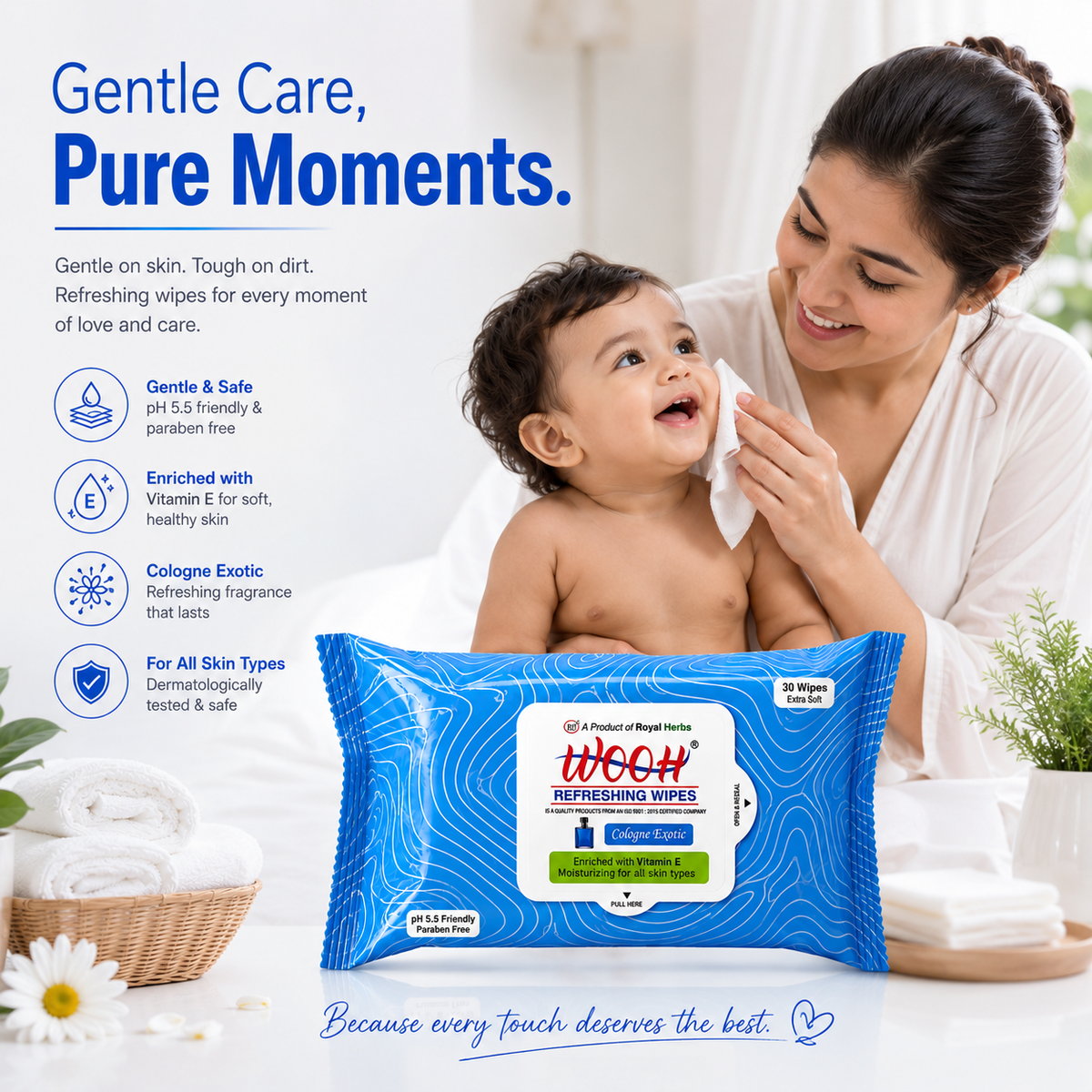 Wooh Refreshing Wet Wipes | Vitamin E Enriched | Moisturizing for All Skin Types | Cologne Exotic, Sandal Sweet & Lemony Juicy | 10 & 30 Wipes