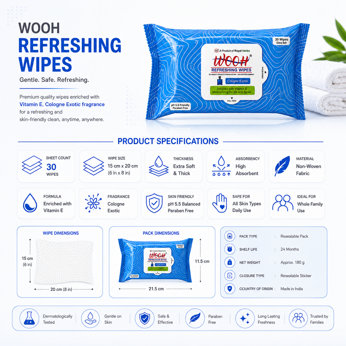 Wooh Refreshing Wet Wipes | Vitamin E Enriched | Moisturizing for All Skin Types | Cologne Exotic, Sandal Sweet & Lemony Juicy | 10 & 30 Wipes