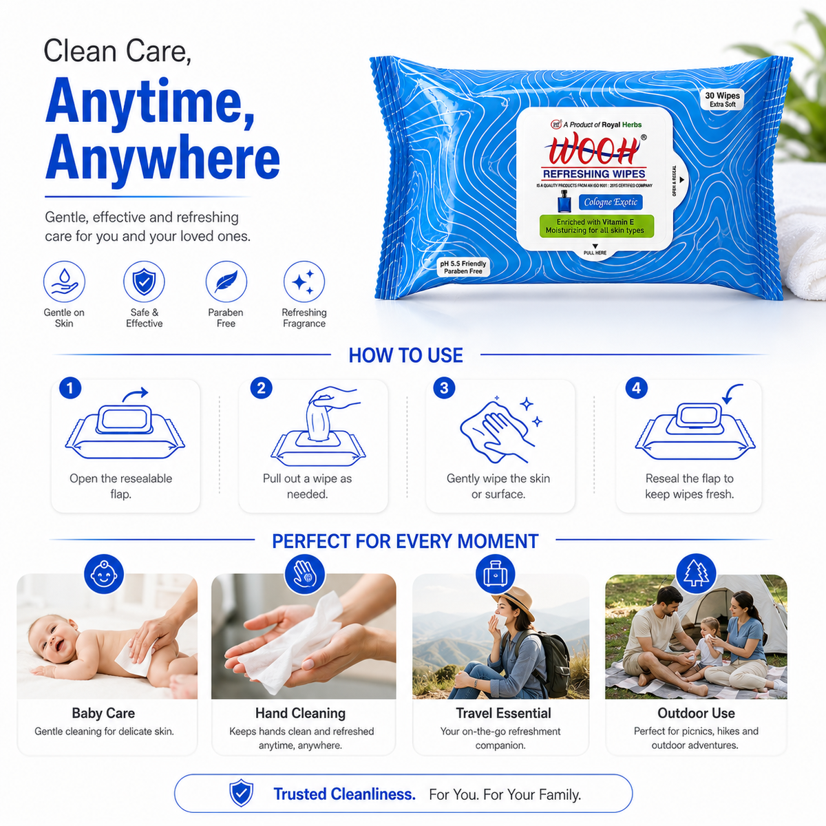 Wooh Refreshing Wet Wipes | Vitamin E Enriched | Moisturizing for All Skin Types | Cologne Exotic, Sandal Sweet & Lemony Juicy | 10 & 30 Wipes