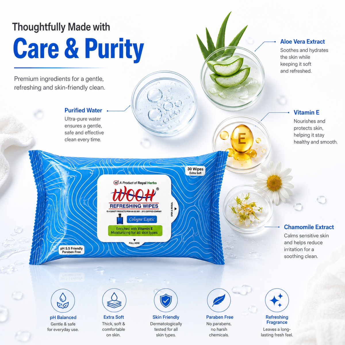 Wooh Refreshing Wet Wipes | Vitamin E Enriched | Moisturizing for All Skin Types | Cologne Exotic, Sandal Sweet & Lemony Juicy | 10 & 30 Wipes