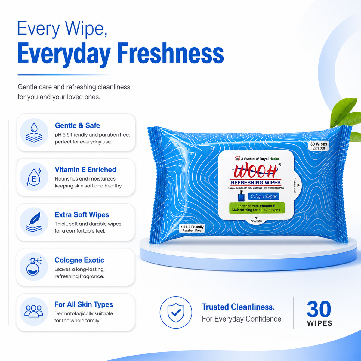 Wooh Refreshing Wet Wipes | Vitamin E Enriched | Moisturizing for All Skin Types | Cologne Exotic, Sandal Sweet & Lemony Juicy | 10 & 30 Wipes