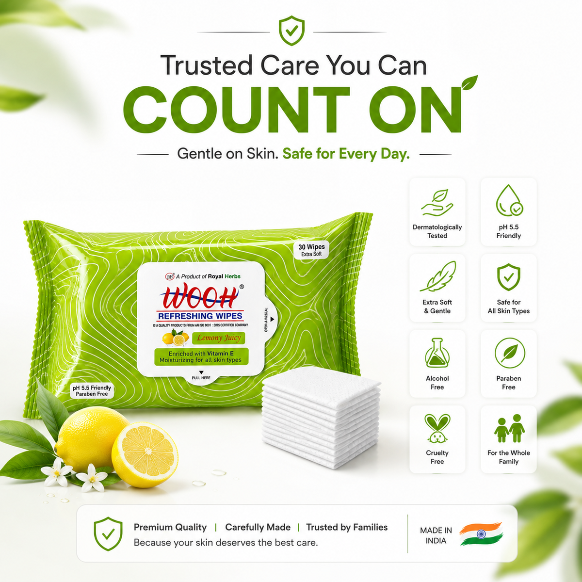 Wooh Refreshing Wet Wipes | Vitamin E Enriched | Moisturizing for All Skin Types | Cologne Exotic, Sandal Sweet & Lemony Juicy | 10 & 30 Wipes