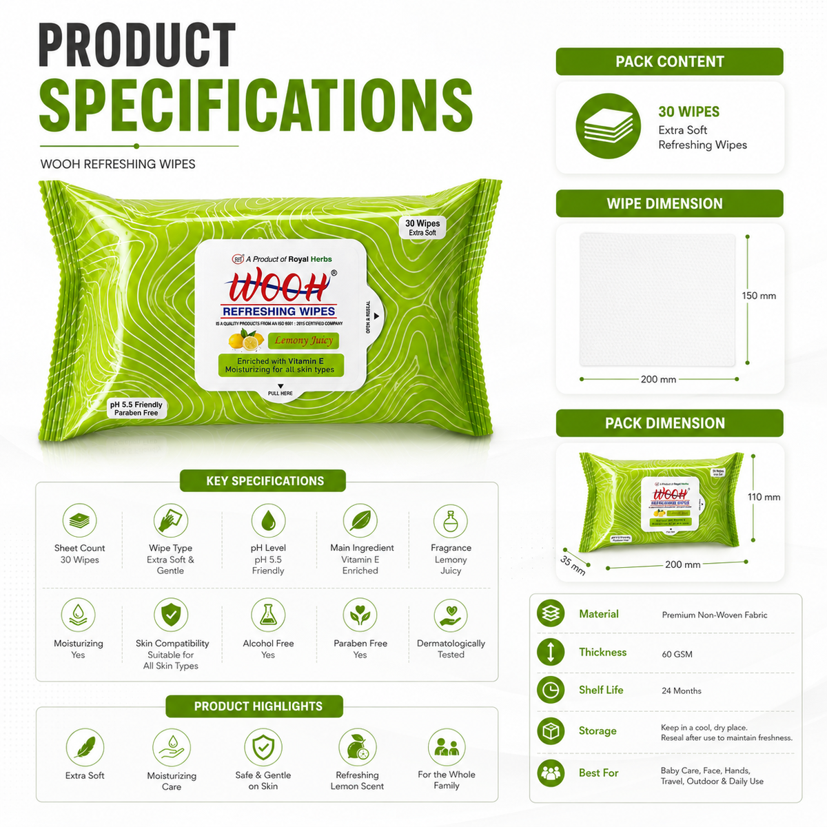 Wooh Refreshing Wet Wipes | Vitamin E Enriched | Moisturizing for All Skin Types | Cologne Exotic, Sandal Sweet & Lemony Juicy | 10 & 30 Wipes