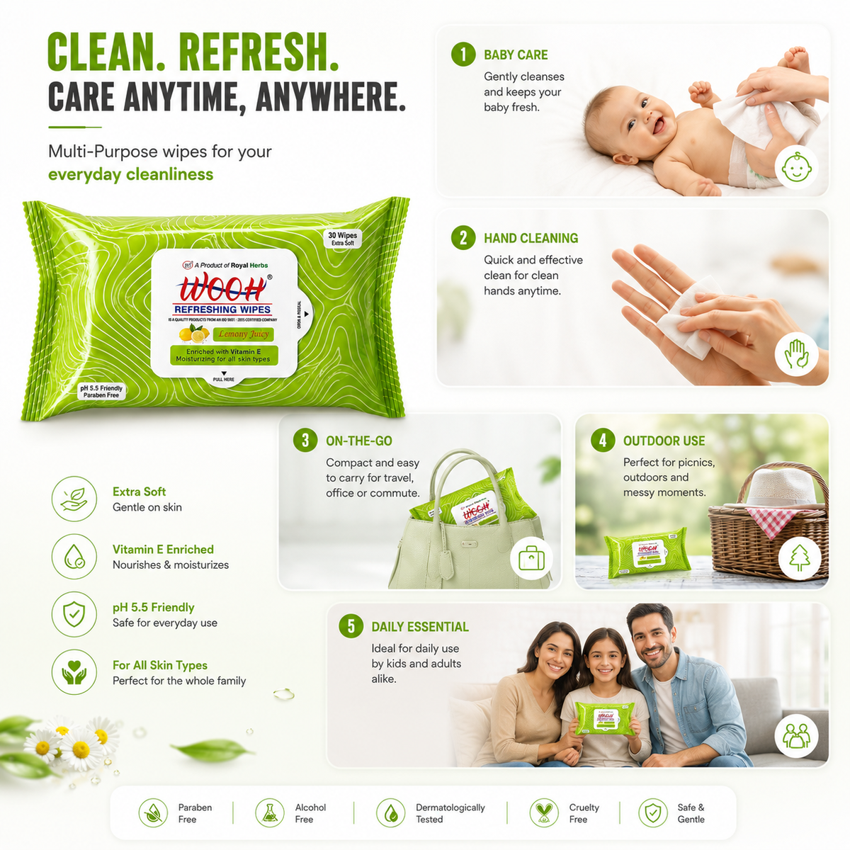 Wooh Refreshing Wet Wipes | Vitamin E Enriched | Moisturizing for All Skin Types | Cologne Exotic, Sandal Sweet & Lemony Juicy | 10 & 30 Wipes