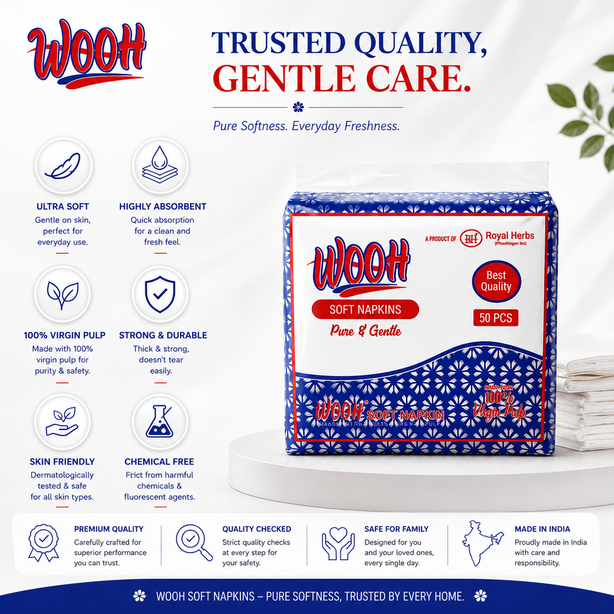 Wooh Soft Napkins | Pure & Gentle | Made with 100% Virgin Pulp | Best Quality | Soft Everyday Tissue Napkins | 50 & 100 Pieces
