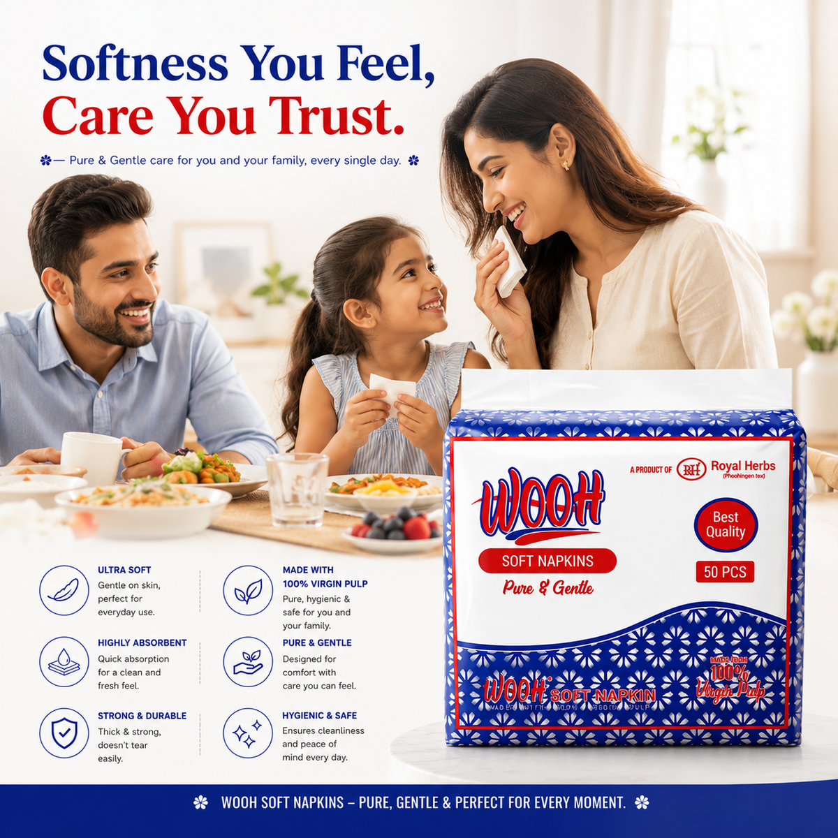 Wooh Soft Napkins | Pure & Gentle | Made with 100% Virgin Pulp | Best Quality | Soft Everyday Tissue Napkins | 50 & 100 Pieces