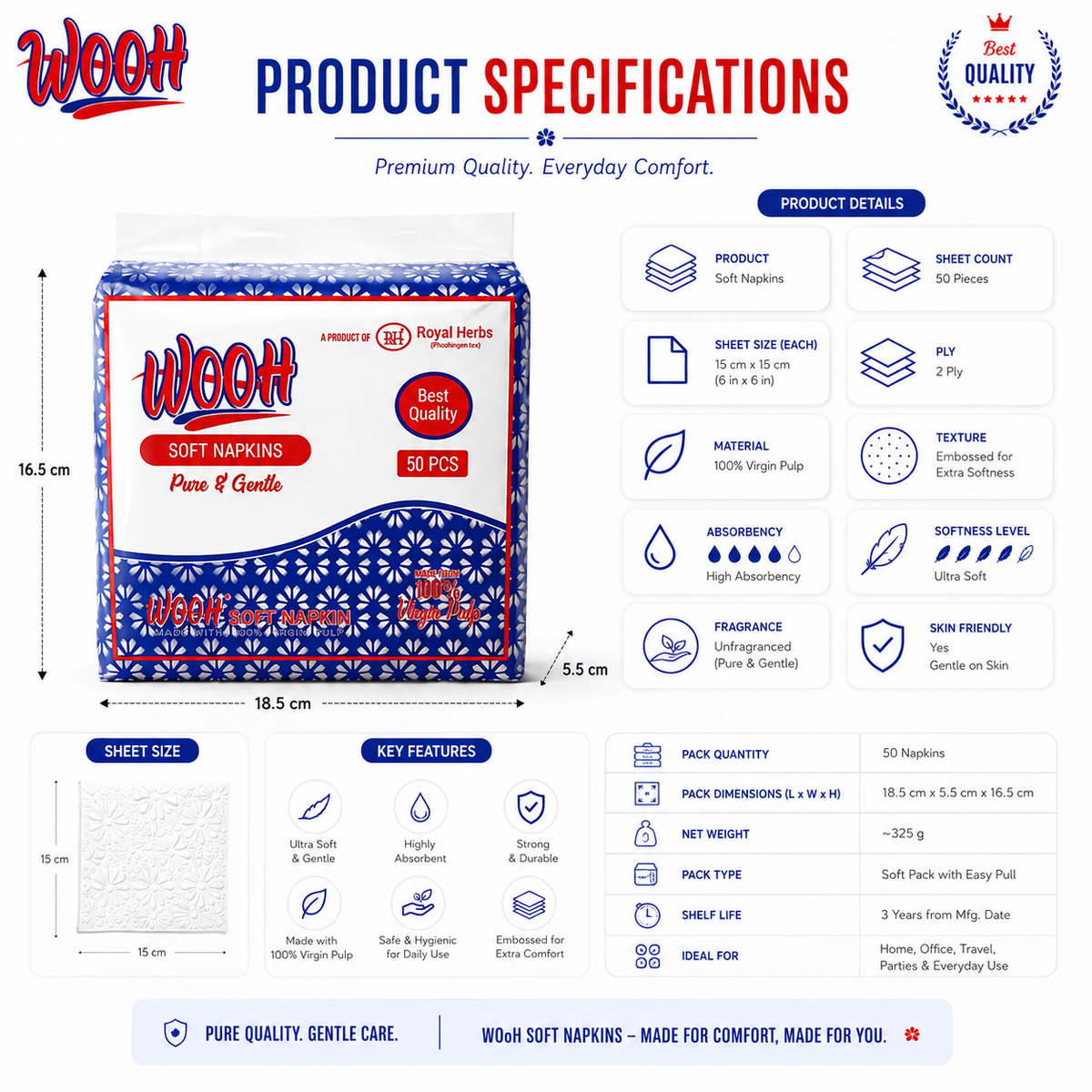 Wooh Soft Napkins | Pure & Gentle | Made with 100% Virgin Pulp | Best Quality | Soft Everyday Tissue Napkins | 50 & 100 Pieces