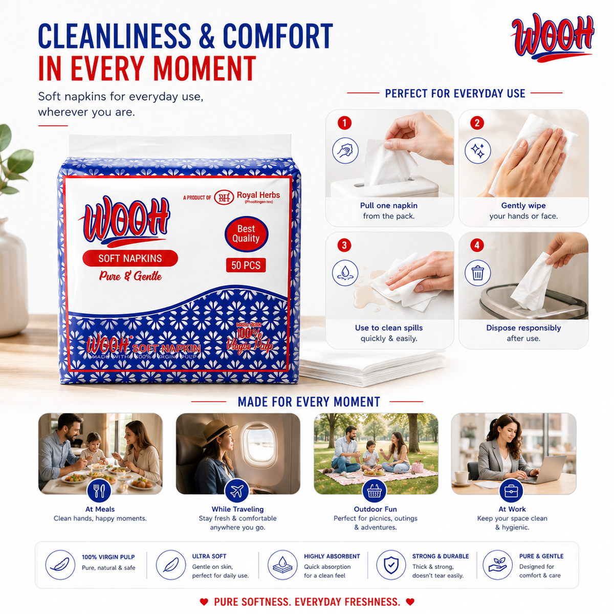 Wooh Soft Napkins | Pure & Gentle | Made with 100% Virgin Pulp | Best Quality | Soft Everyday Tissue Napkins | 50 & 100 Pieces