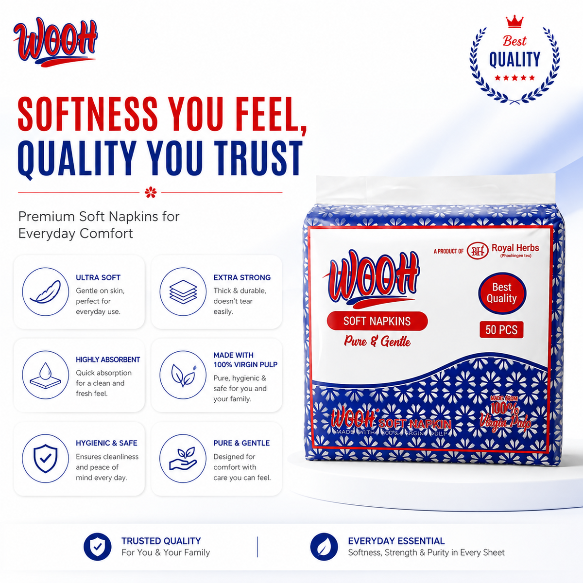 Wooh Soft Napkins | Pure & Gentle | Made with 100% Virgin Pulp | Best Quality | Soft Everyday Tissue Napkins | 50 & 100 Pieces