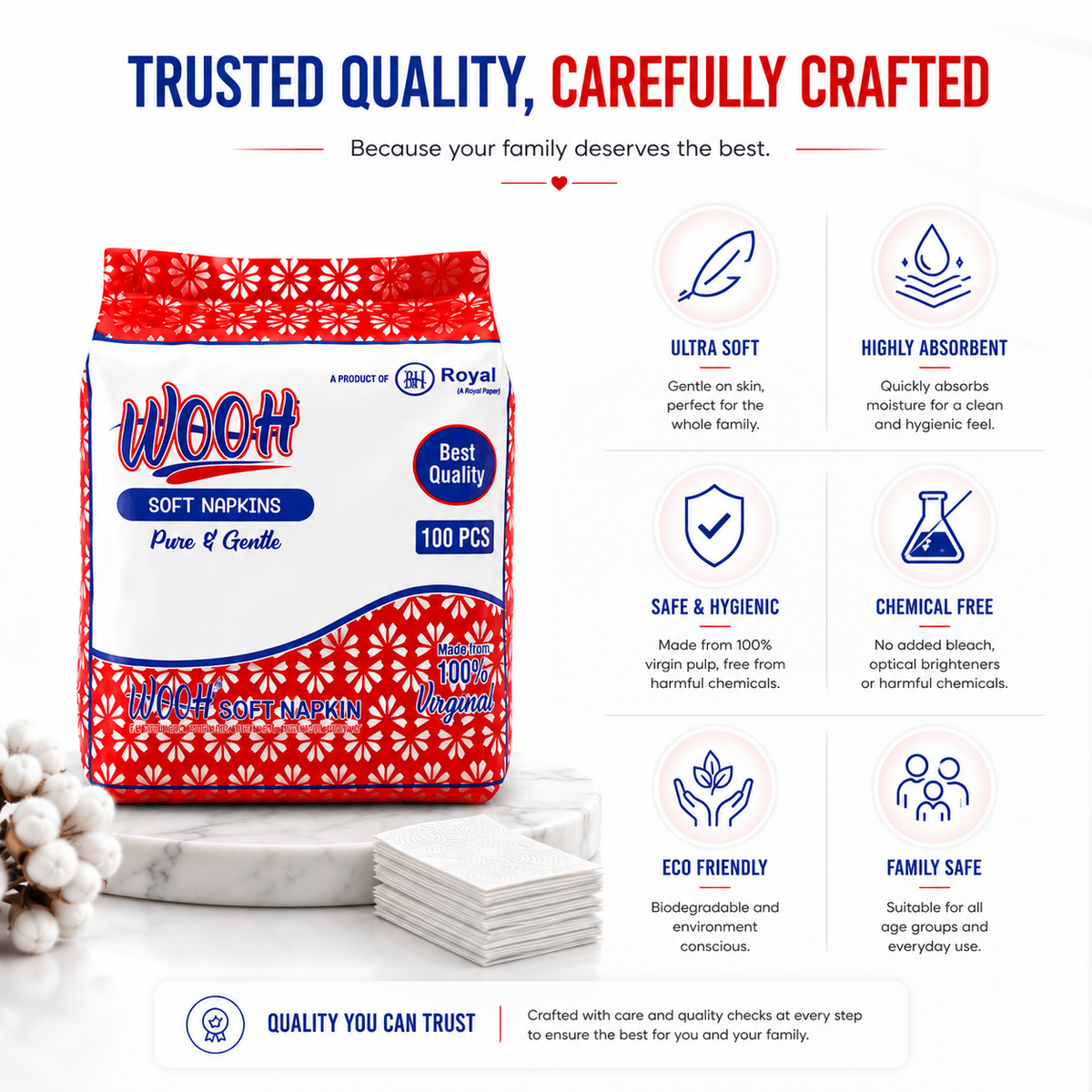 Wooh Soft Napkins | Pure & Gentle | Made with 100% Virgin Pulp | Best Quality | Soft Everyday Tissue Napkins | 50 & 100 Pieces