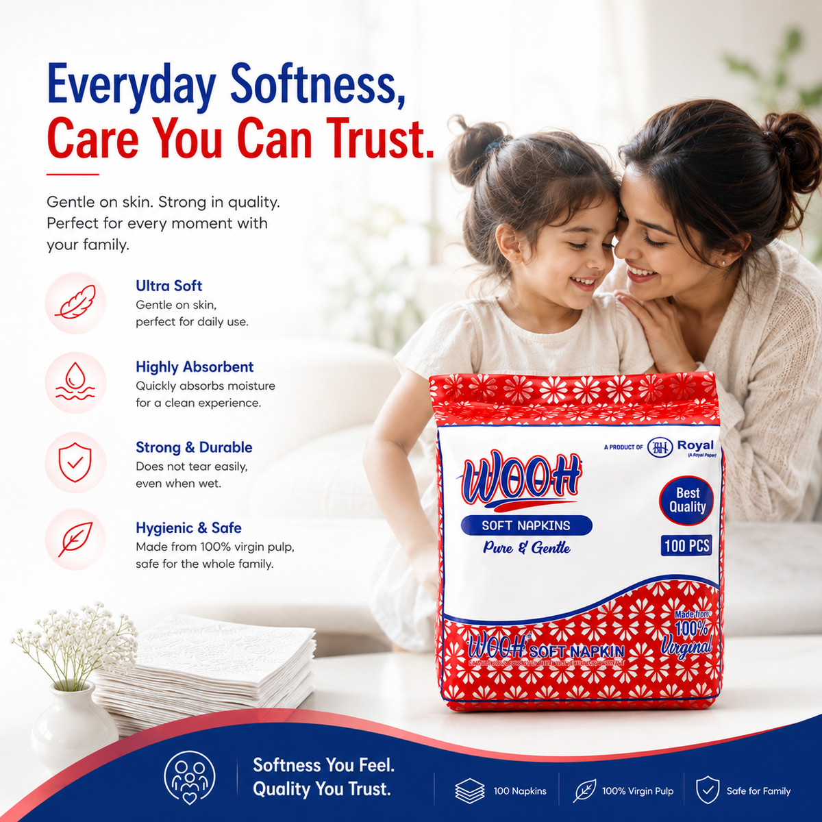 Wooh Soft Napkins | Pure & Gentle | Made with 100% Virgin Pulp | Best Quality | Soft Everyday Tissue Napkins | 50 & 100 Pieces