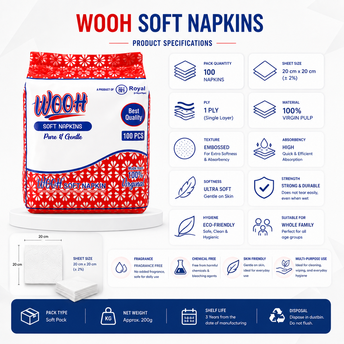 Wooh Soft Napkins | Pure & Gentle | Made with 100% Virgin Pulp | Best Quality | Soft Everyday Tissue Napkins | 50 & 100 Pieces