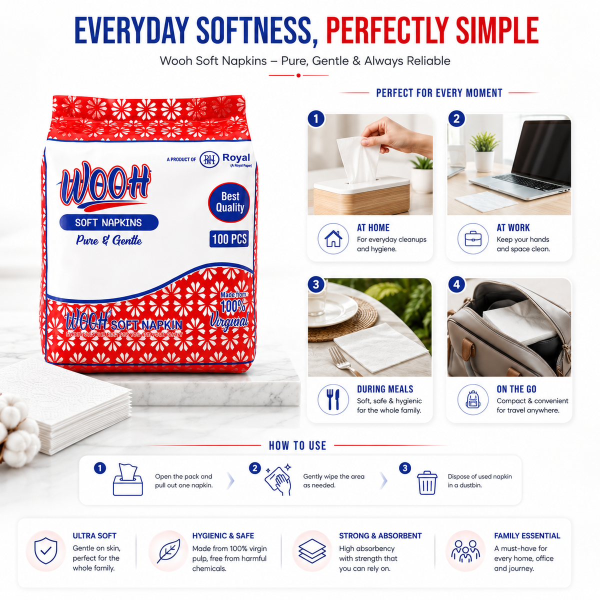 Wooh Soft Napkins | Pure & Gentle | Made with 100% Virgin Pulp | Best Quality | Soft Everyday Tissue Napkins | 50 & 100 Pieces