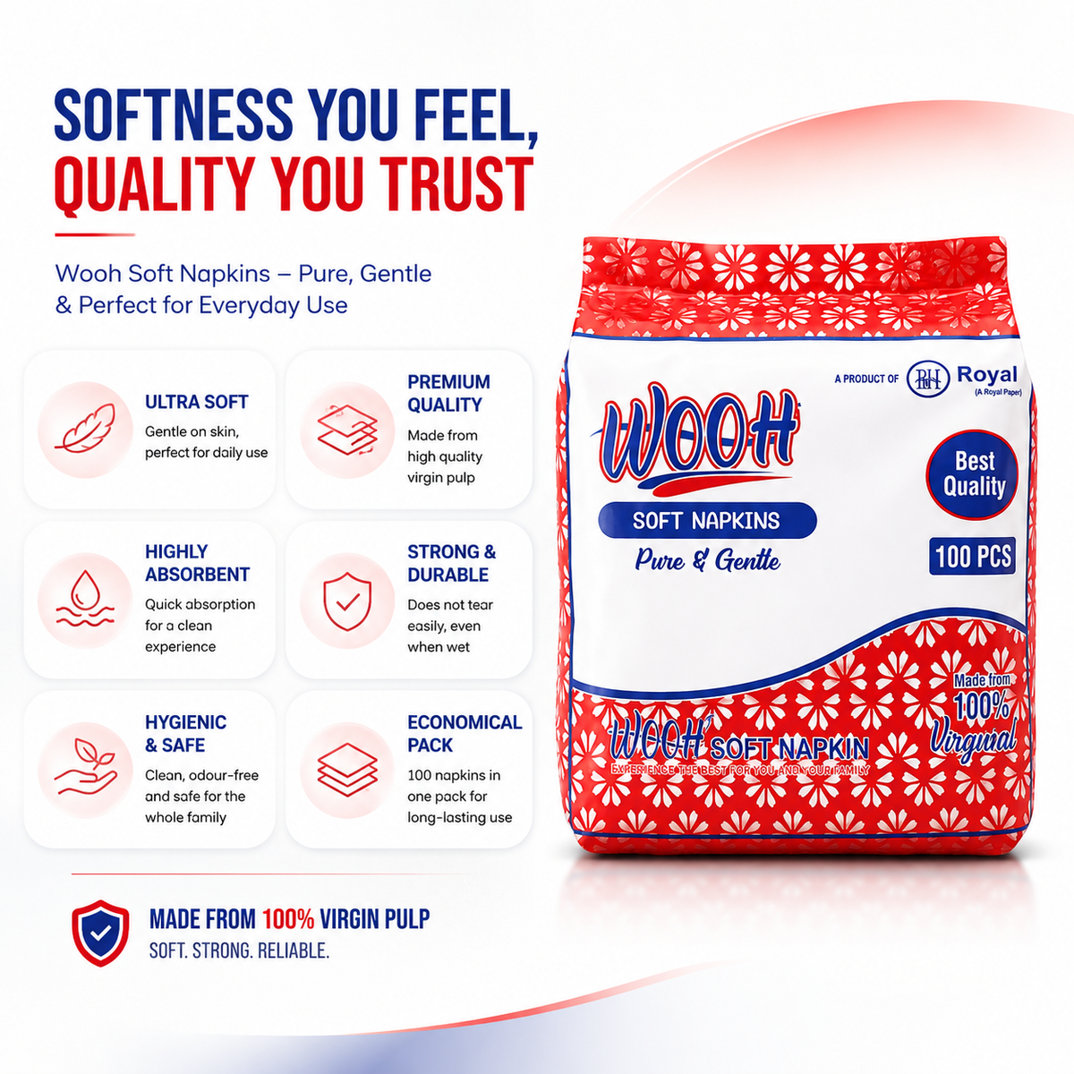 Wooh Soft Napkins | Pure & Gentle | Made with 100% Virgin Pulp | Best Quality | Soft Everyday Tissue Napkins | 50 & 100 Pieces