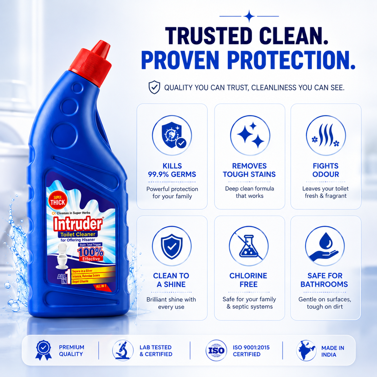 Intruder Toilet Cleaner | For Glittering Homes | Removes Stubborn Stains | Fights Odour | Cleans to a Shine | All-in-1 Toilet Cleaner | 250ml, 500ml & 1L
