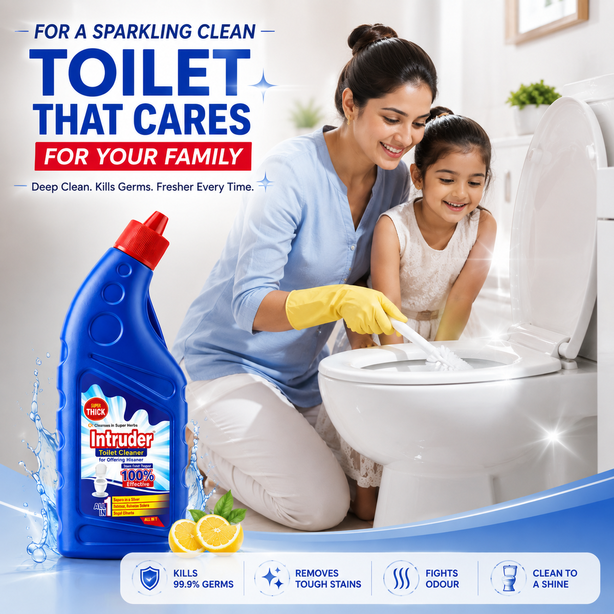 Intruder Toilet Cleaner | For Glittering Homes | Removes Stubborn Stains | Fights Odour | Cleans to a Shine | All-in-1 Toilet Cleaner | 250ml, 500ml & 1L